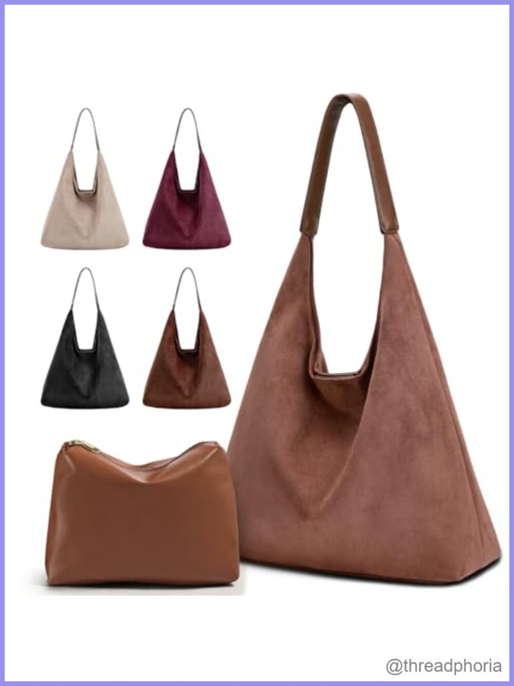 2-Piece Vegan Leather Purse Set Slouchy Hobo Shoulder Bag Suede Tote